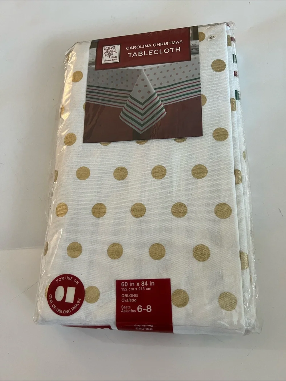 Carolina Christmas TableCloth  SZ 60x84 with 8 napkins White and Gold
